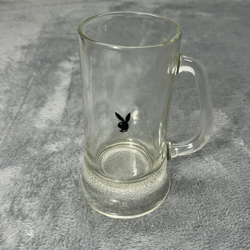 Vintage Playboy Clear Glass Beer Mug Black Bunny Logo Weighted Base 6.25in